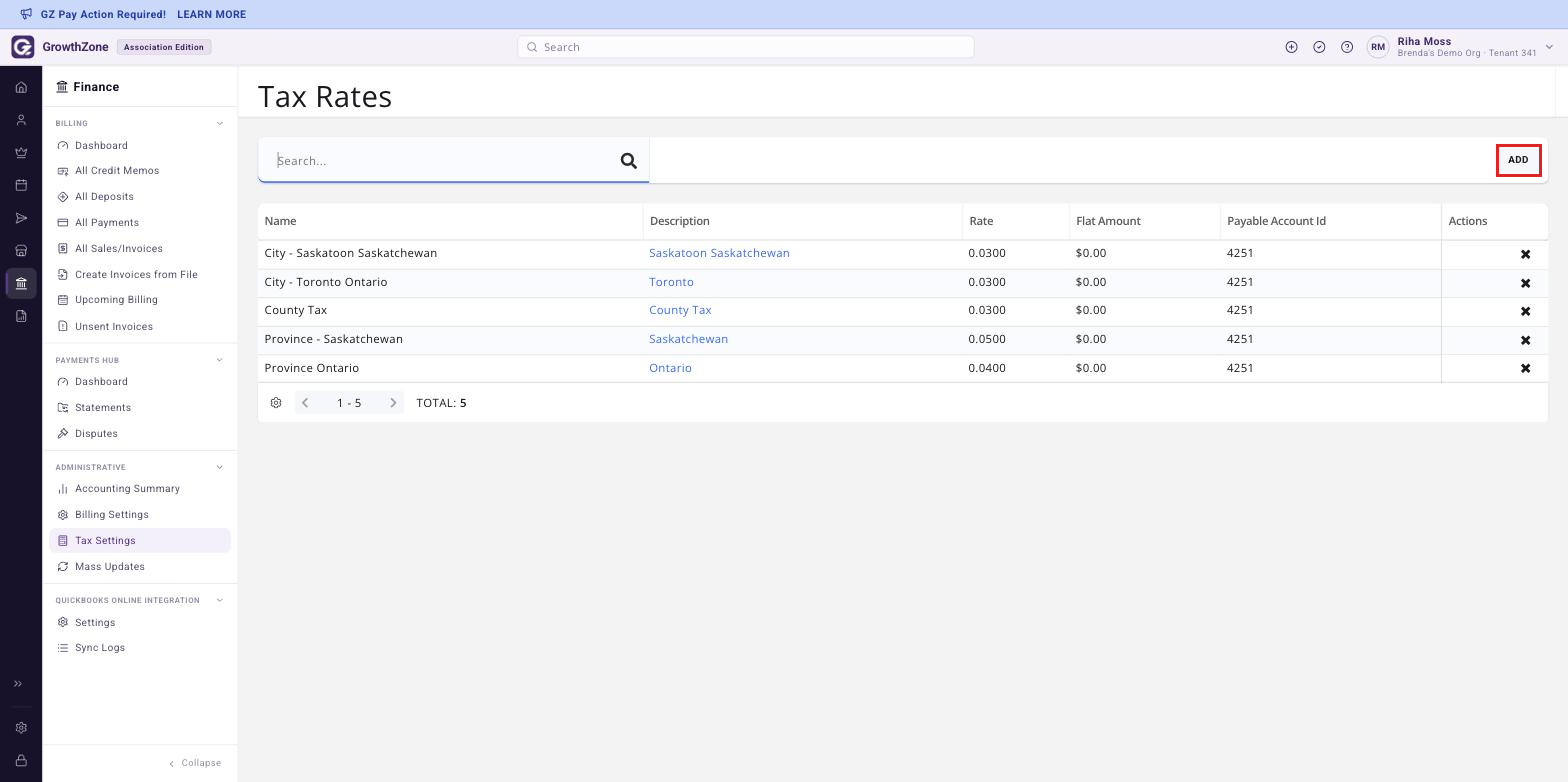 Tax Rates page with the ADD button in the page header boxed