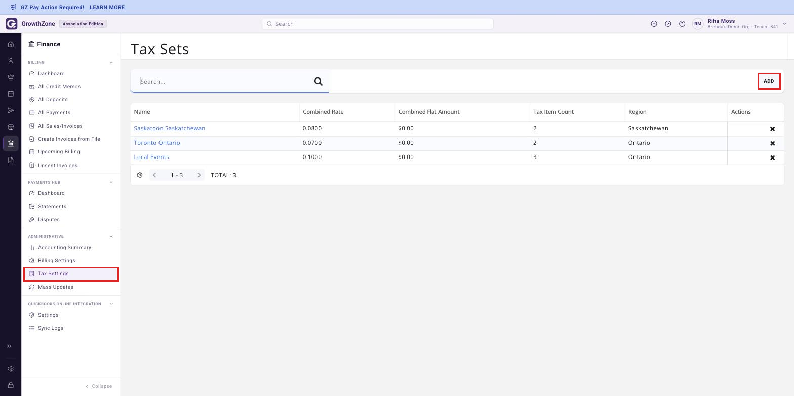 Finance rail expanded to the Administrative section with Tax Settings open and Tax Sets boxed and the Add button called out