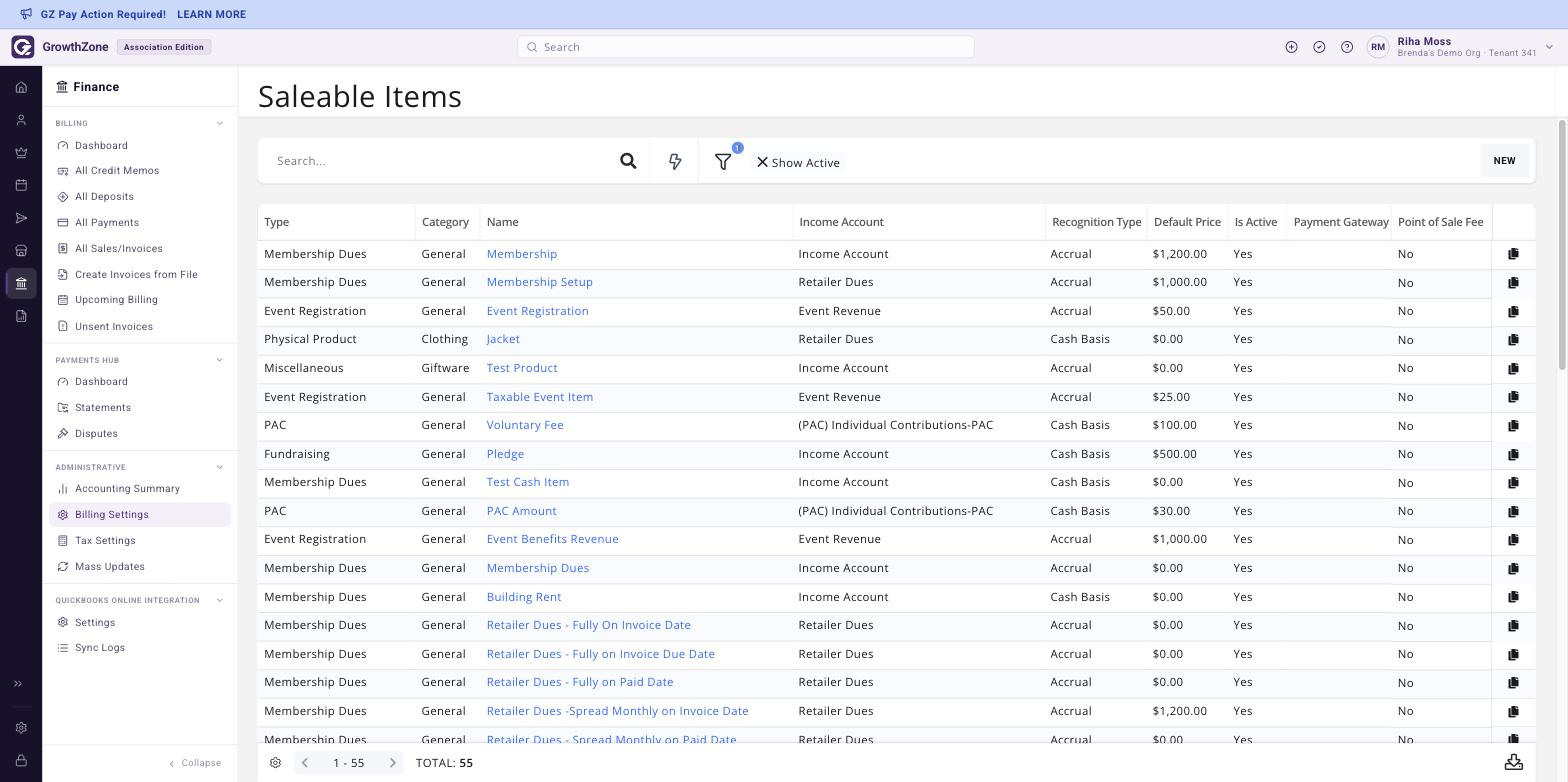 Fee Items page showing the list of configured fee items