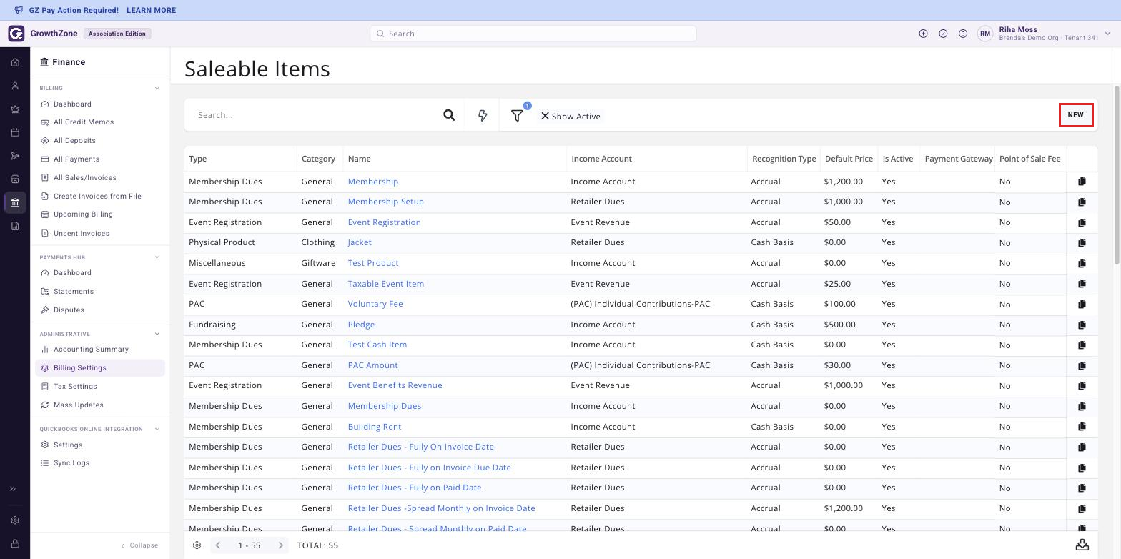 Fee Items page with the NEW button boxed