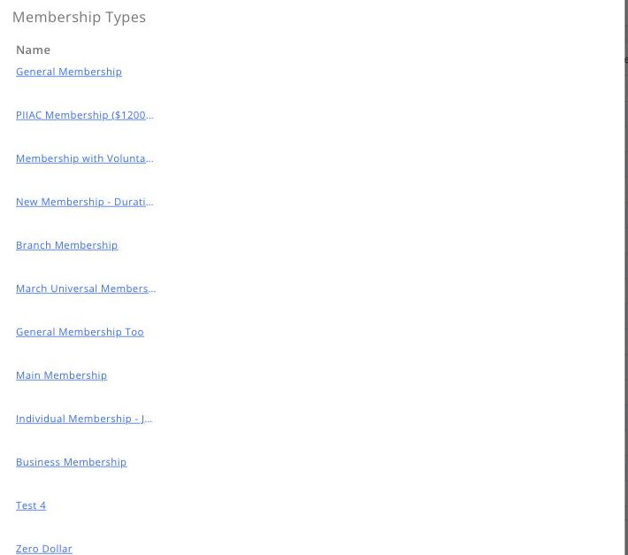 Membership Types section of a saved fee item, listing the membership types tied to it