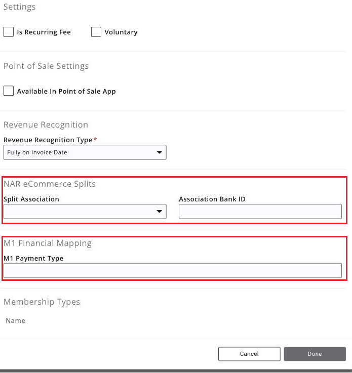 Realtor Edition fields on the Add Fee Item screen &mdash; the NAR Ecommerce split and financial record mapping fields boxed