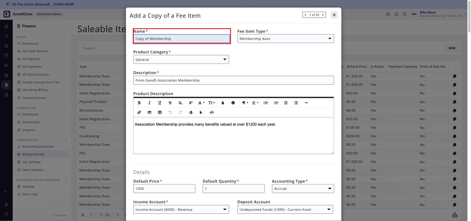 Add a Copy of a Fee Item screen with the Name field boxed and the copied settings visible below it