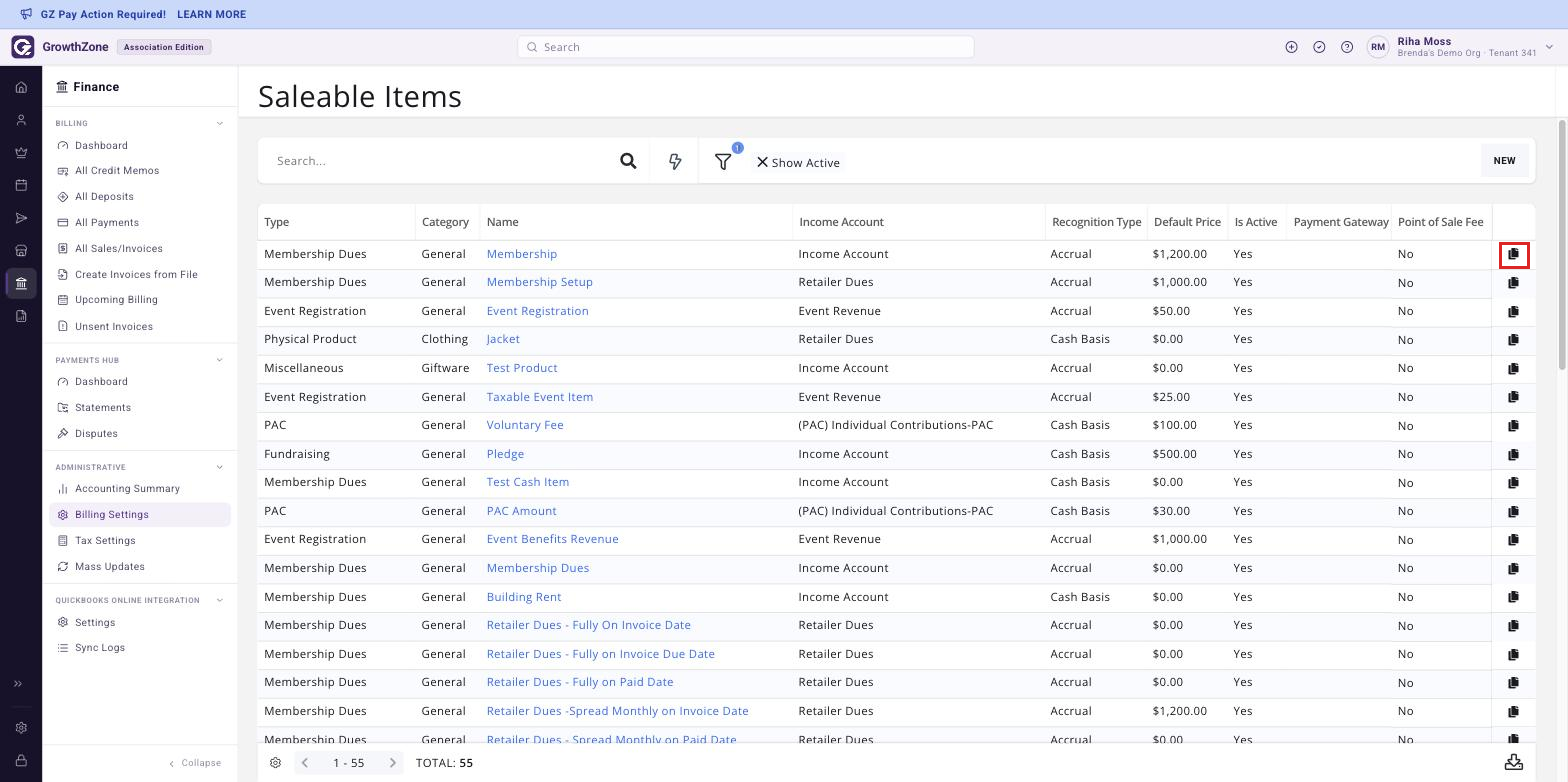 Fee Items page with the copy icon on one fee item row boxed