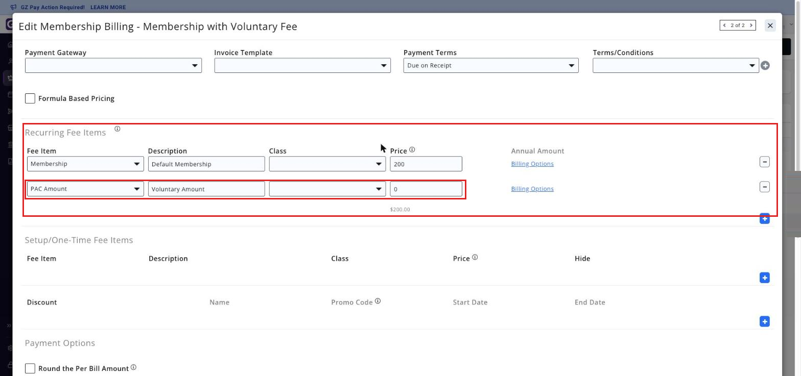 The Recurring Fee Items section of the Edit Membership Billing window, opened from the Pricing link on the Membership Types page, with the voluntary fee item row boxed