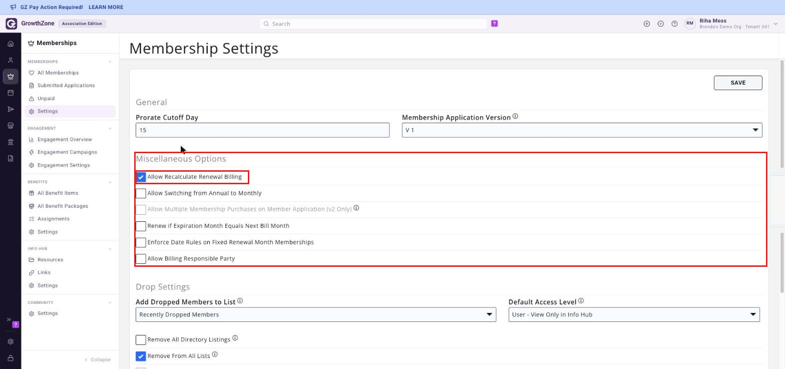 The Membership Settings page with the Miscellaneous Options group and the Allow Recalculate Renewal Billing check-box boxed and checked