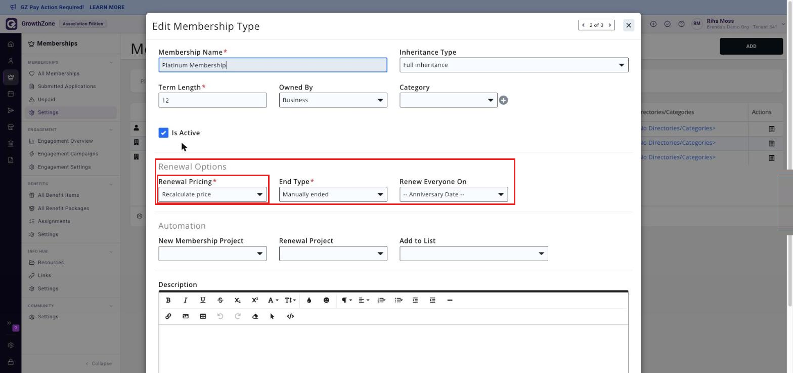 The Renewal Options section of the Edit Membership Type window with Renewal Pricing set to Recalculate price, boxed
