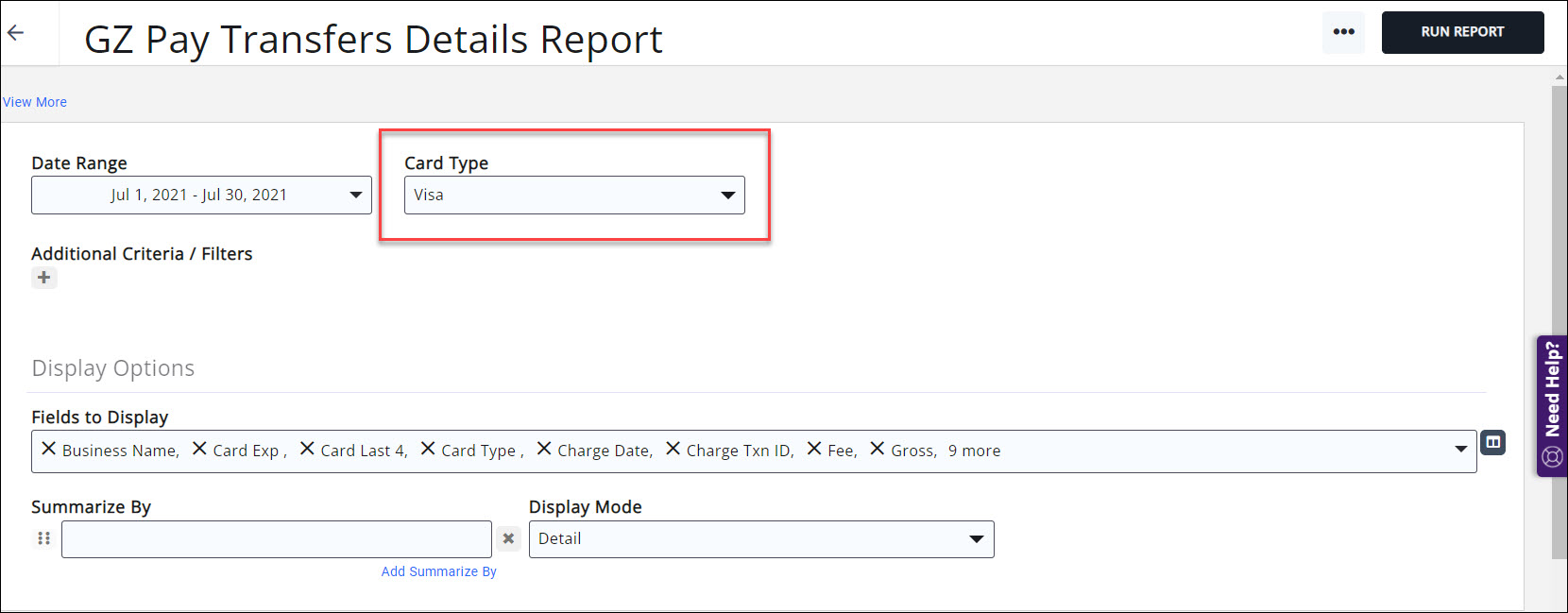 Card Type filter with Visa selected