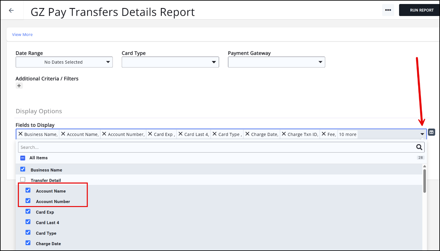 Display options with Account Name and Account Number added