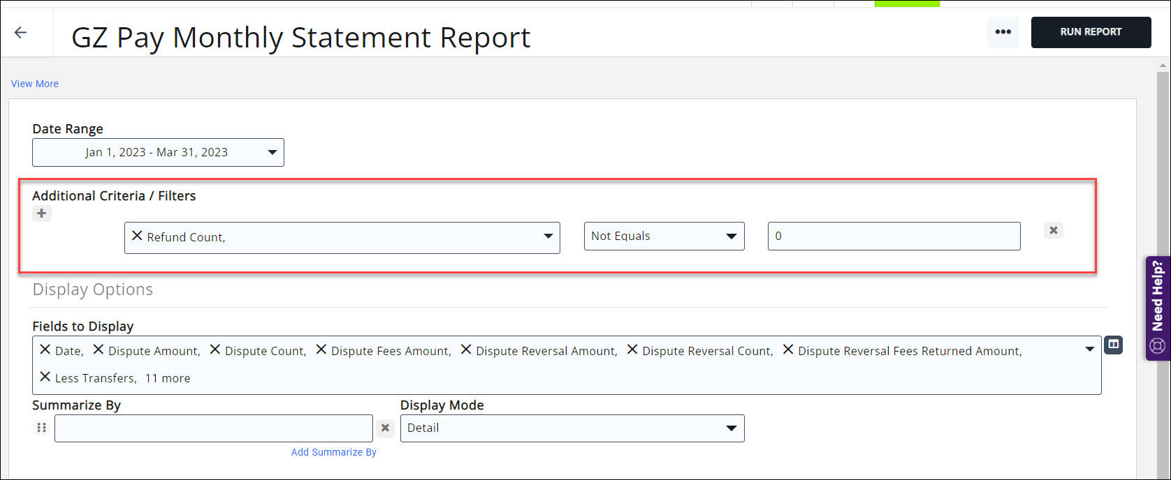 GZ Pay Monthly Statement filter for refund count