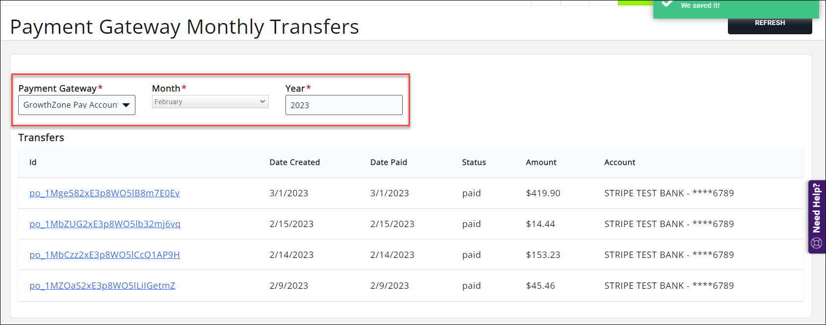 GZ Pay Monthly Transfers filters and results
