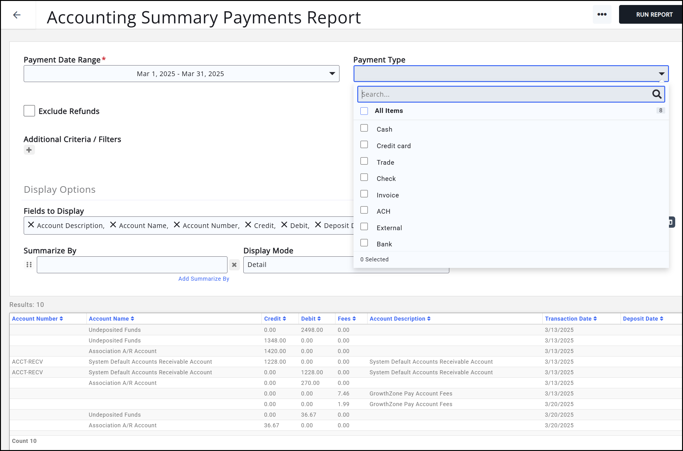 Accounting Summary Payments Report results
