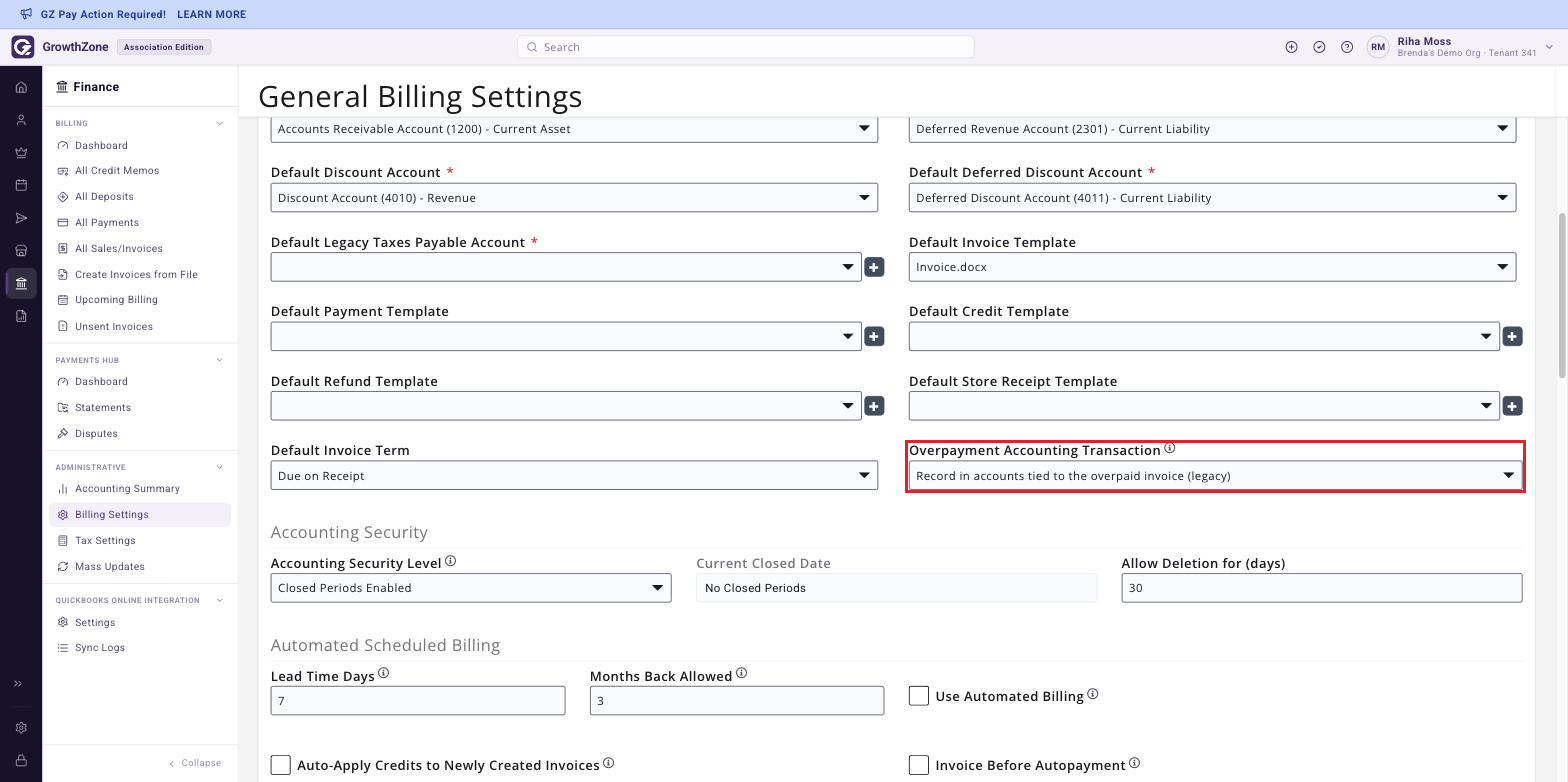 General Billing Settings page with the Overpayment Accounting Transaction list boxed