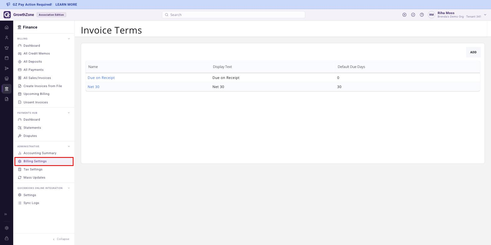 Invoice Terms page open, with the left-hand rail showing Finance > Administrative > Billing Settings and the existing list of invoice terms visible