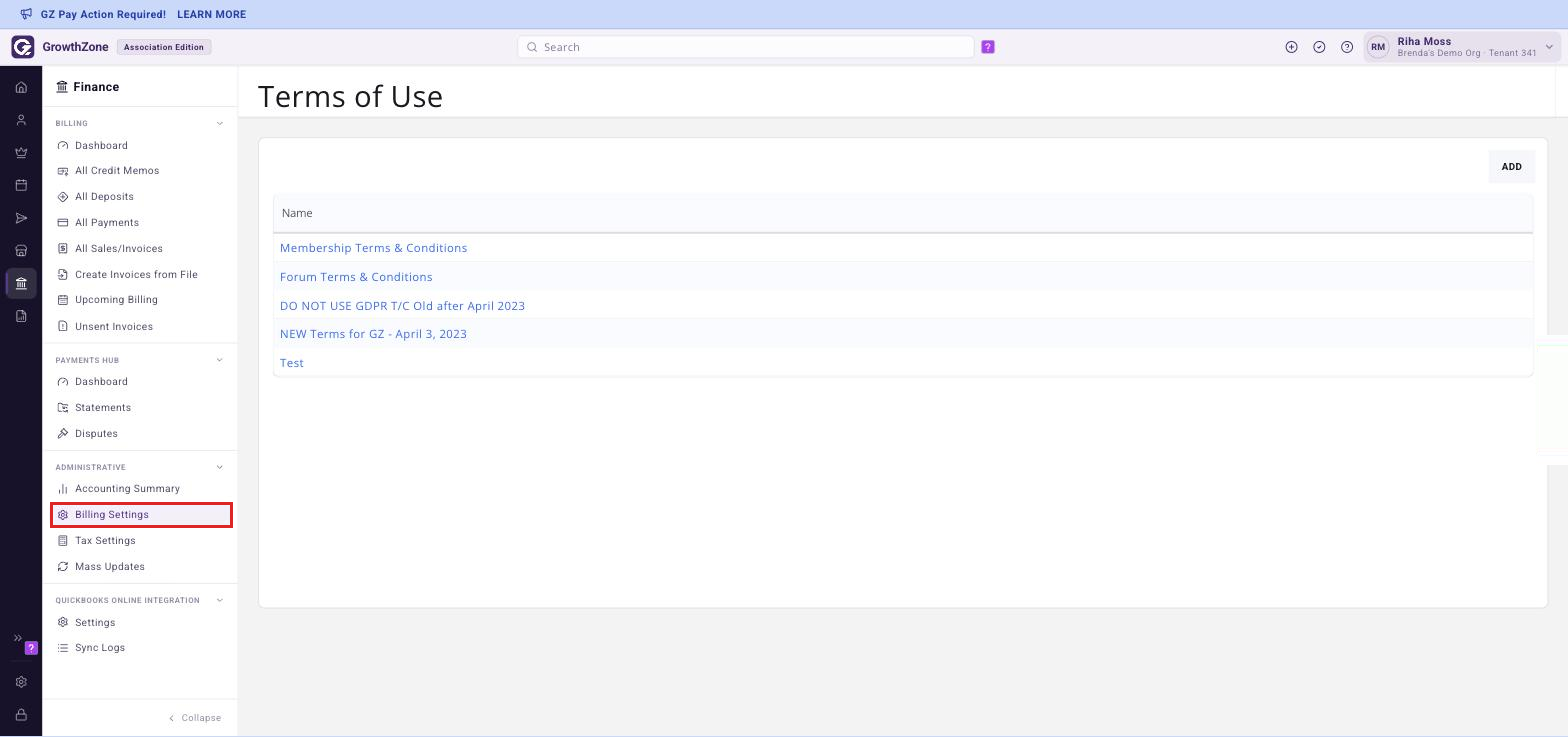 The Terms of Use page reached from Finance > Administrative > Billing Settings > Terms/Conditions, with Billing Settings highlighted in the left-hand rail