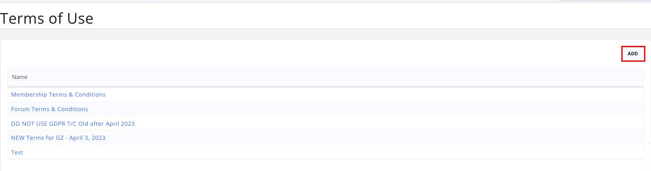 Top of the Terms of Use list with the ADD button boxed
