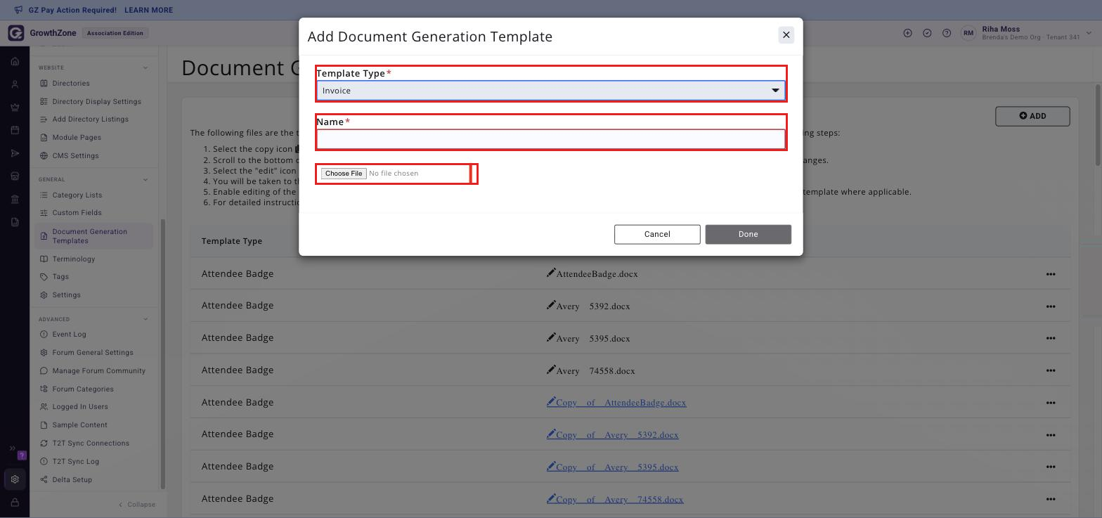 The Add Document Generation Template window showing the Template Type, Name and Choose File fields