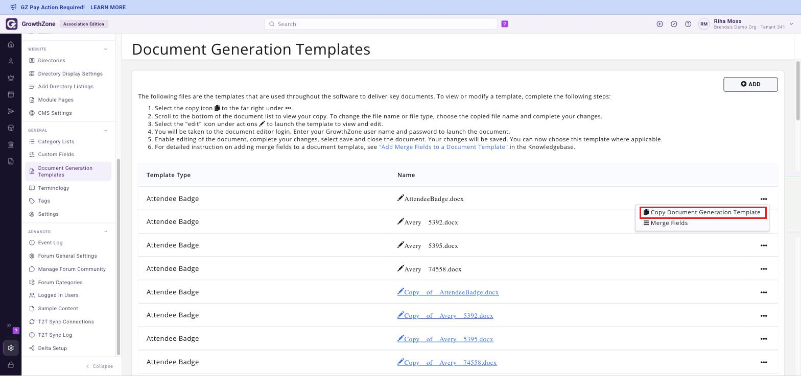 The &bull;&bull;&bull; menu on an original template row &mdash; Copy Document Generation Template and Merge Fields only &mdash; with Copy Document Generation Template highlighted