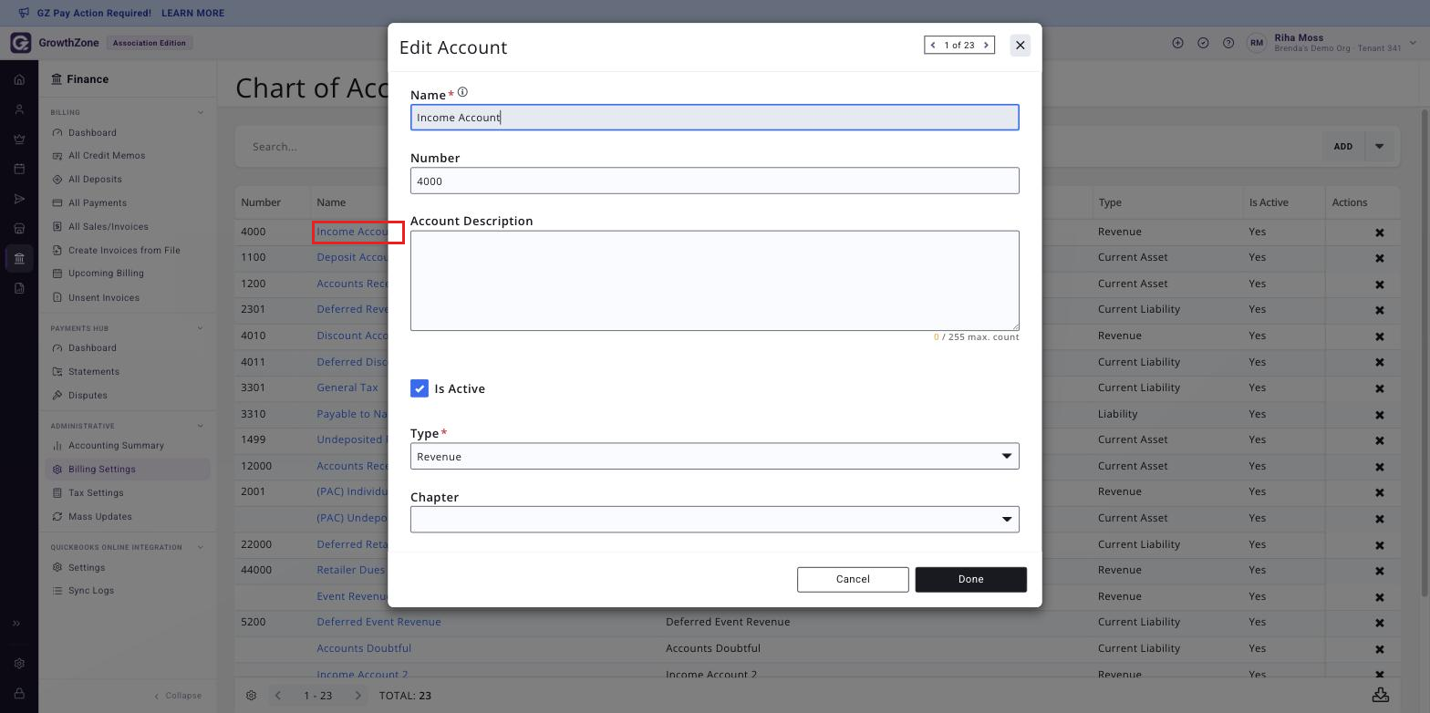 Edit Account window for an existing account with the editable fields shown and the account name link boxed on the list behind it