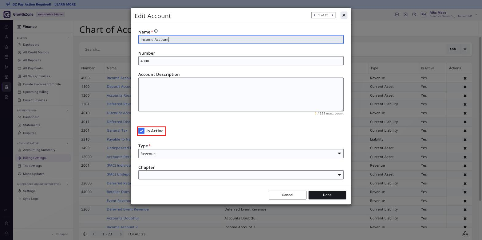 Edit Account window with the Is Active check-box boxed