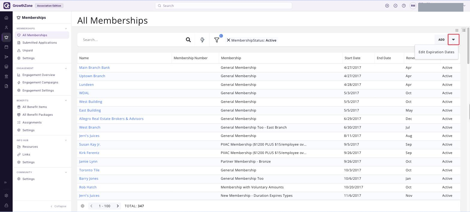All Memberships page with the arrow beside the ADD button boxed in red and the Edit Expiration Dates menu item showing