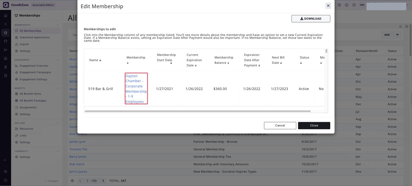 Edit Membership dialog listing the memberships to edit, with a membership name link boxed in red
