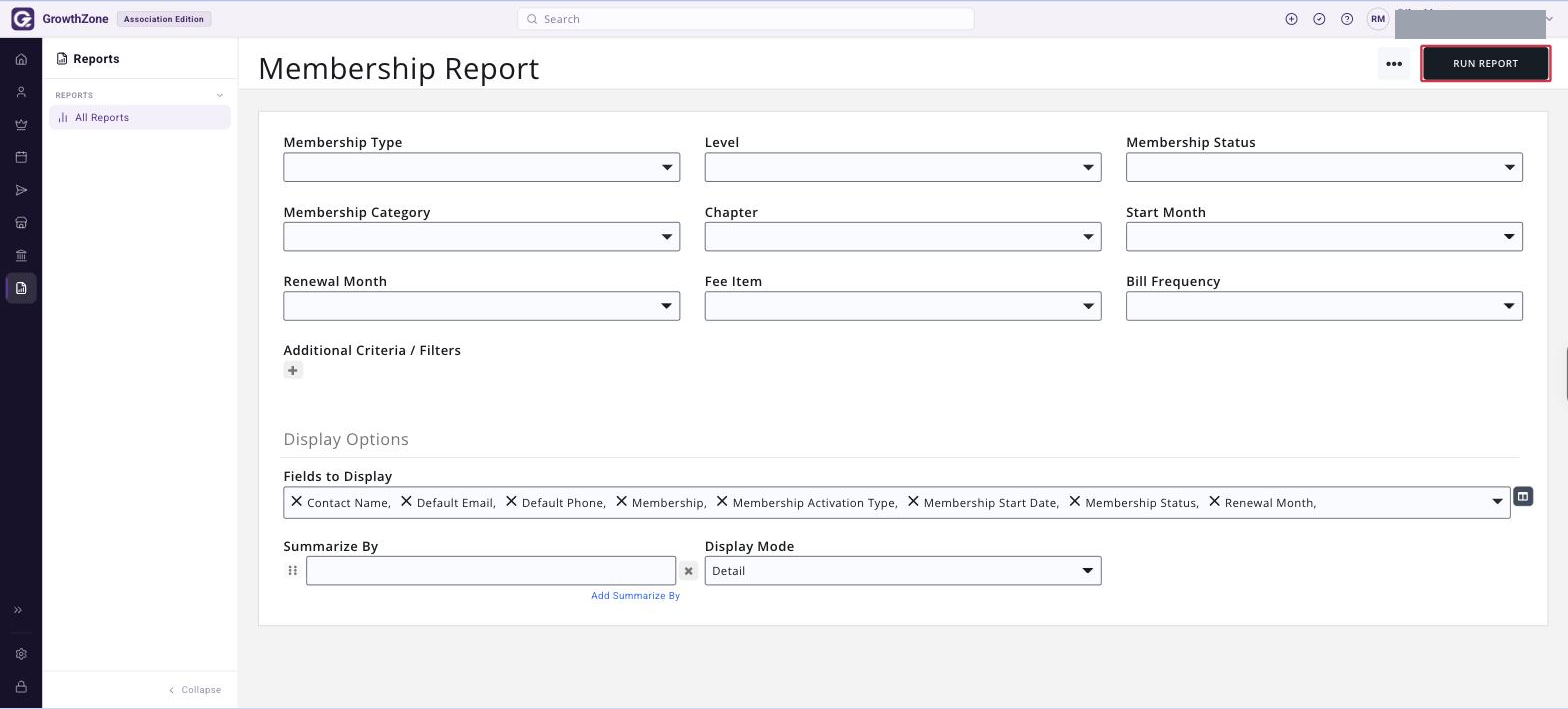 Membership Report criteria page with the RUN REPORT button boxed in red