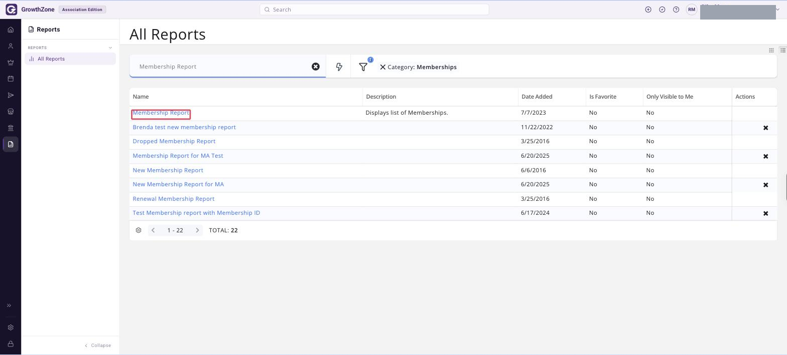 All Reports page filtered to Membership Report, with the Membership Report link boxed in red