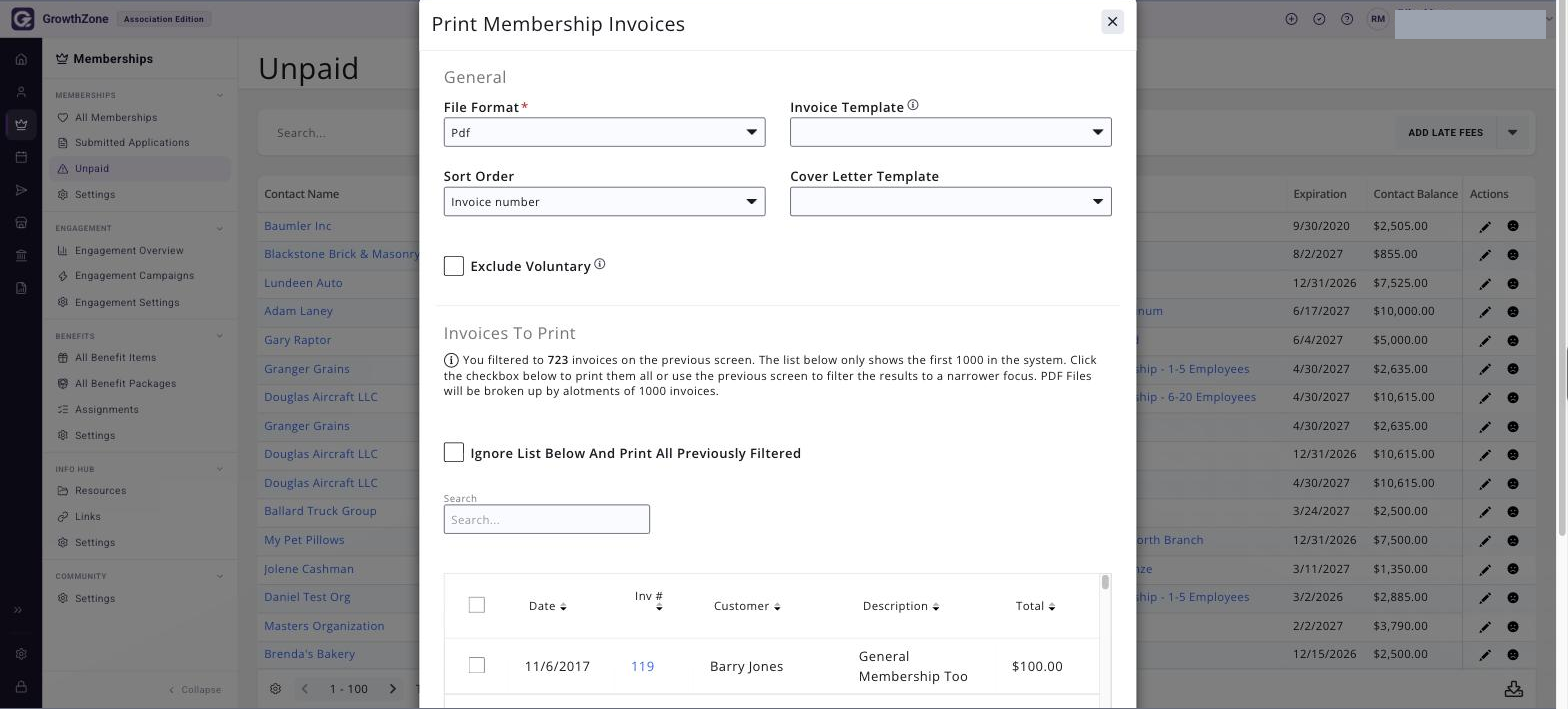 Print Membership Invoices dialog showing File Format, Invoice Template, Sort Order, Cover Letter Template and the Invoices To Print list