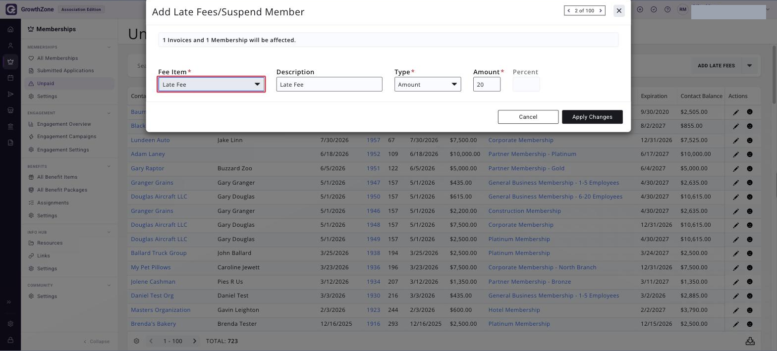 Add Late Fees / Suspend Member dialog with the Fee Item list boxed in red and the Description and Amount fields populated