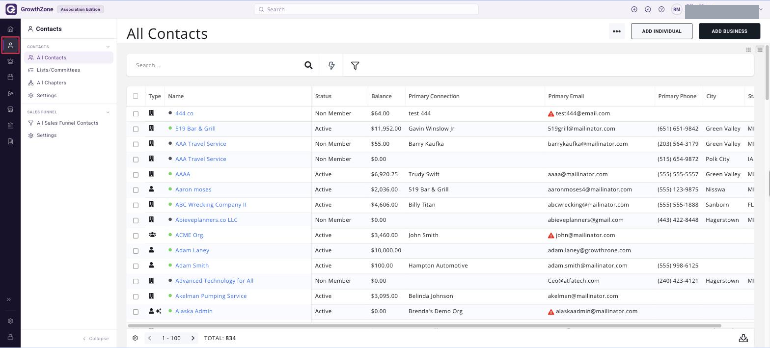 All Contacts page, with the Contacts icon in the left-hand rail boxed in red