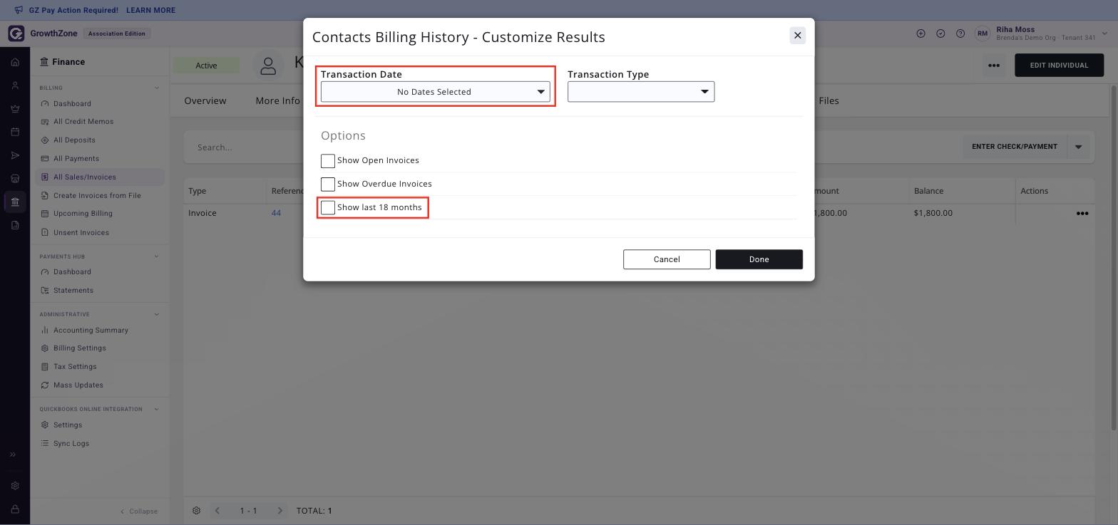 Contacts Billing History - Customize Results window with the Transaction Date range and the Show last 18 months check-box boxed