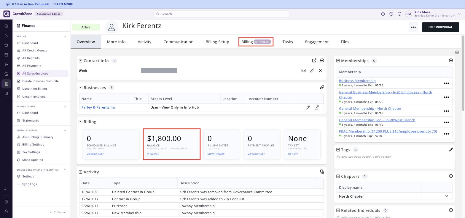Contact Overview tab with the Balance card in the Billing section and the balance on the Billing tab label boxed; the email address is masked