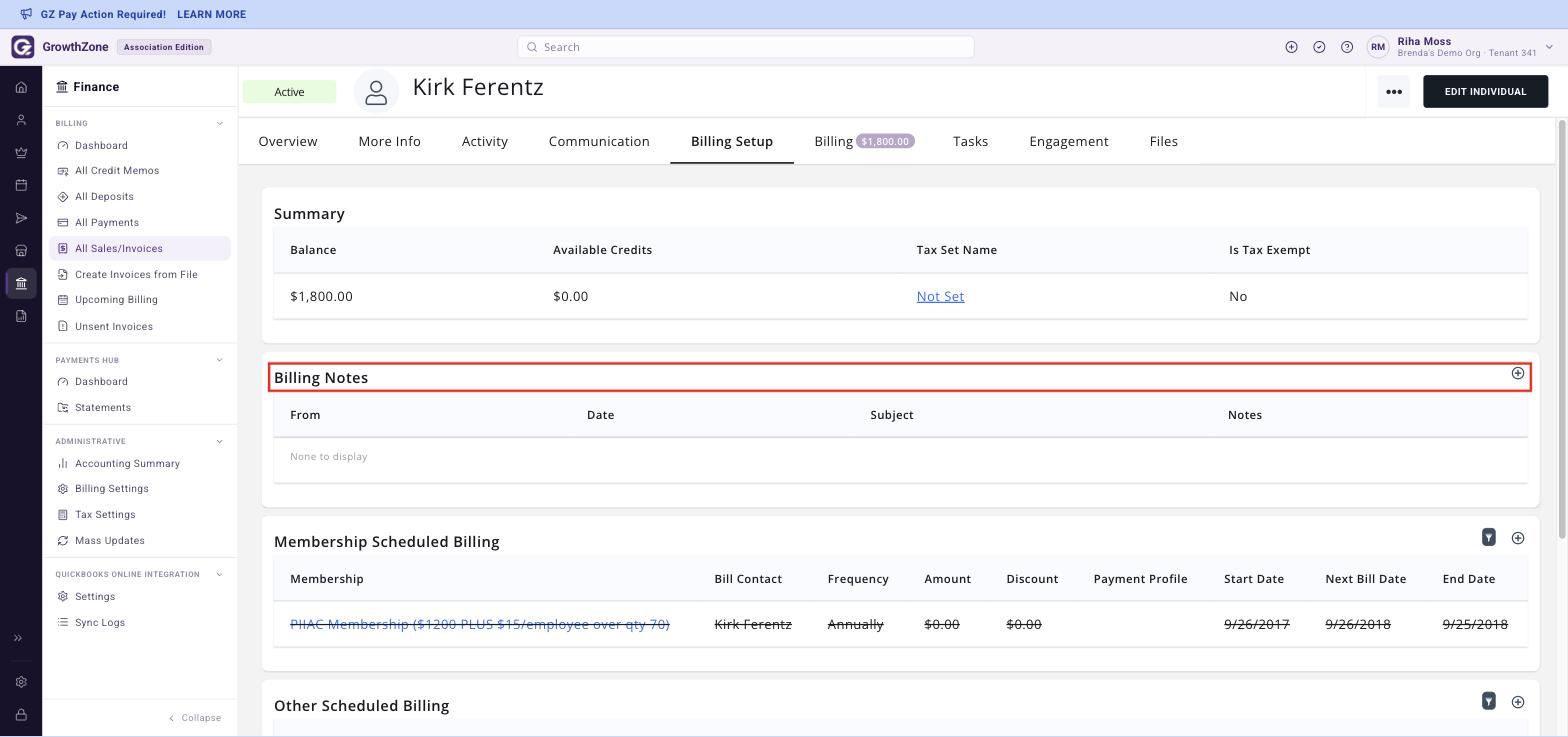 Billing Setup tab with the Billing Notes section heading and its add icon boxed