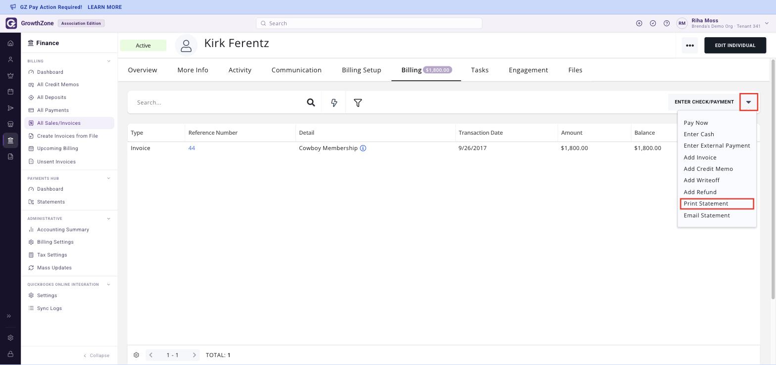 Contact Billing tab with the arrow beside ENTER CHECK/PAYMENT open and Print Statement boxed