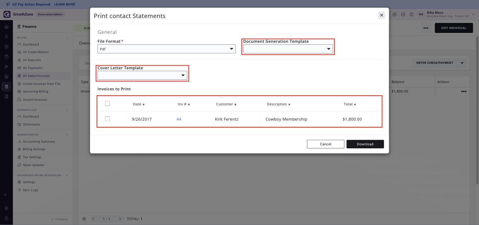 Print contact Statements window with Document Generation Template, Cover Letter Template and the Invoices to Print list boxed