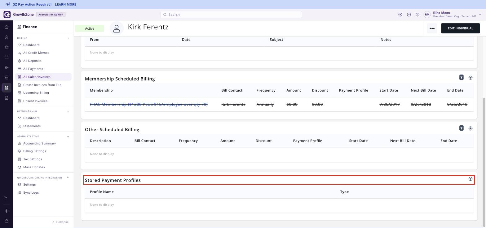 Contact Billing Setup tab scrolled to Stored Payment Profiles, with the section heading and its add icon boxed