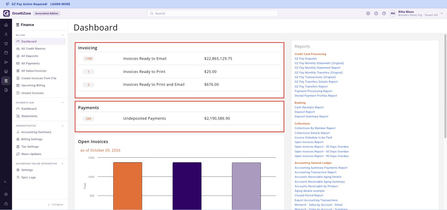 Finance, Billing section, Dashboard with the Invoicing and Payments panels boxed