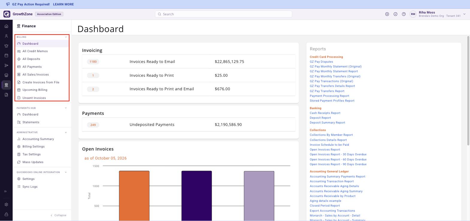 Finance rail with the Billing section and its pages boxed