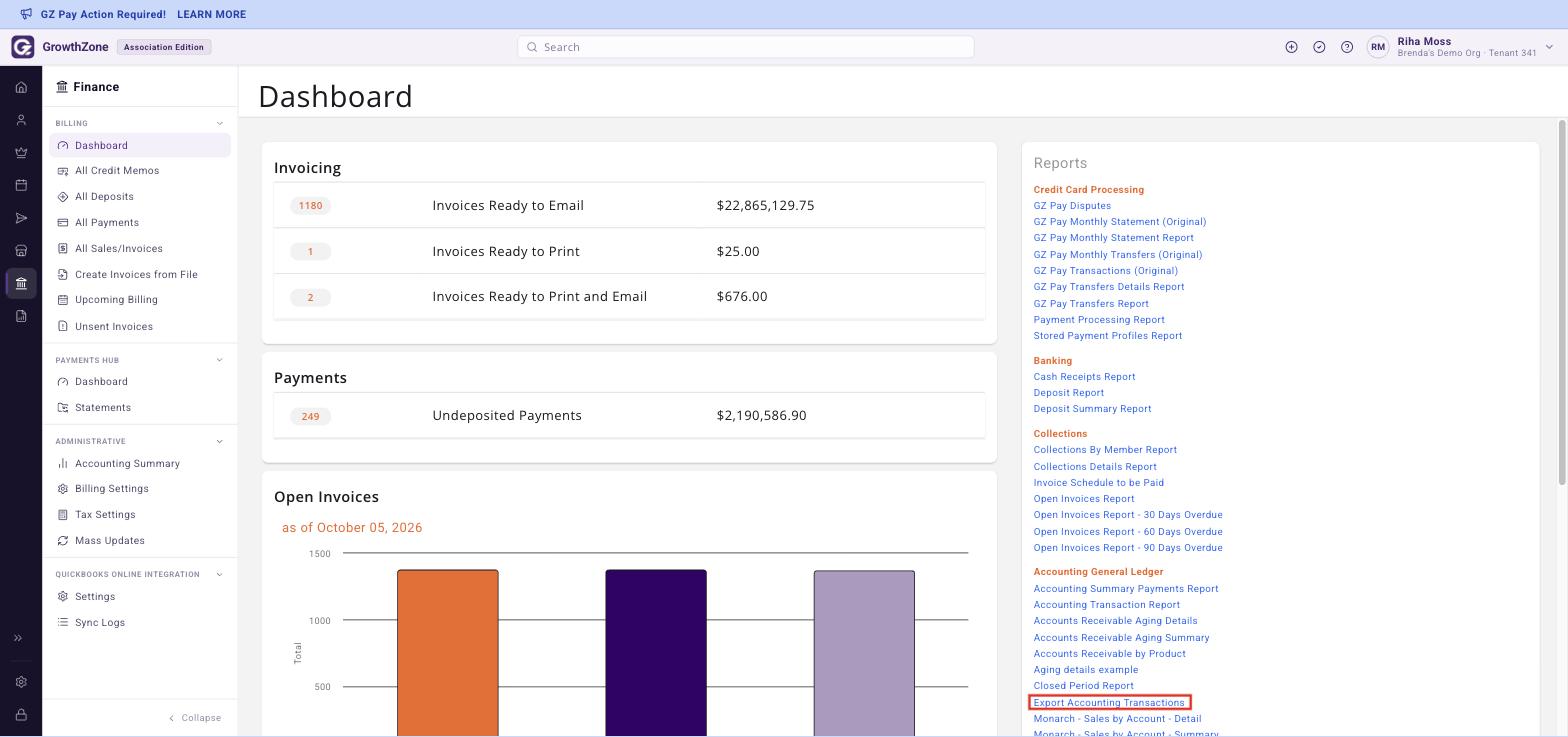 Finance Billing Dashboard with Export Accounting Transactions boxed under Accounting General Ledger