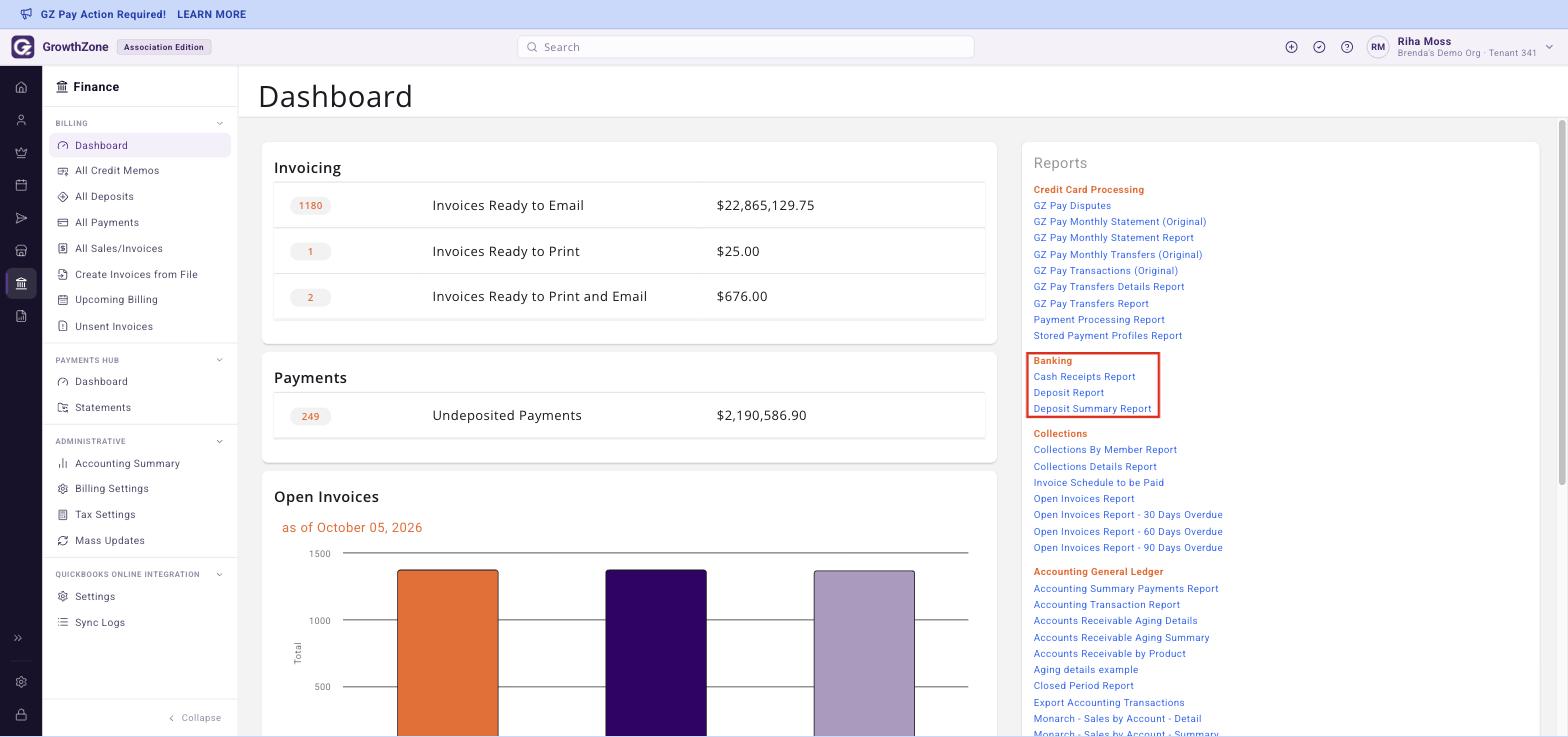 Finance Billing Dashboard with the Banking reports group (Cash Receipts Report, Deposit Report, Deposit Summary Report) boxed
