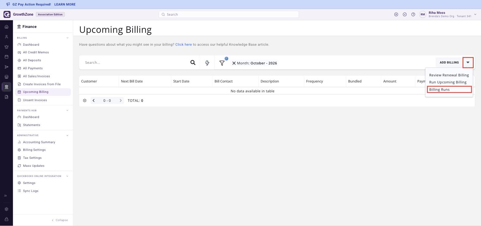 Upcoming Billing page with the arrow beside ADD BILLING open and Billing Runs boxed