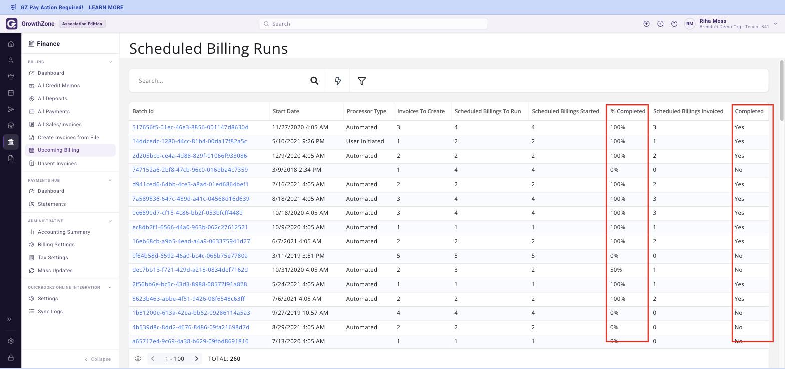 Scheduled Billing Runs page with the % Completed and Completed columns boxed