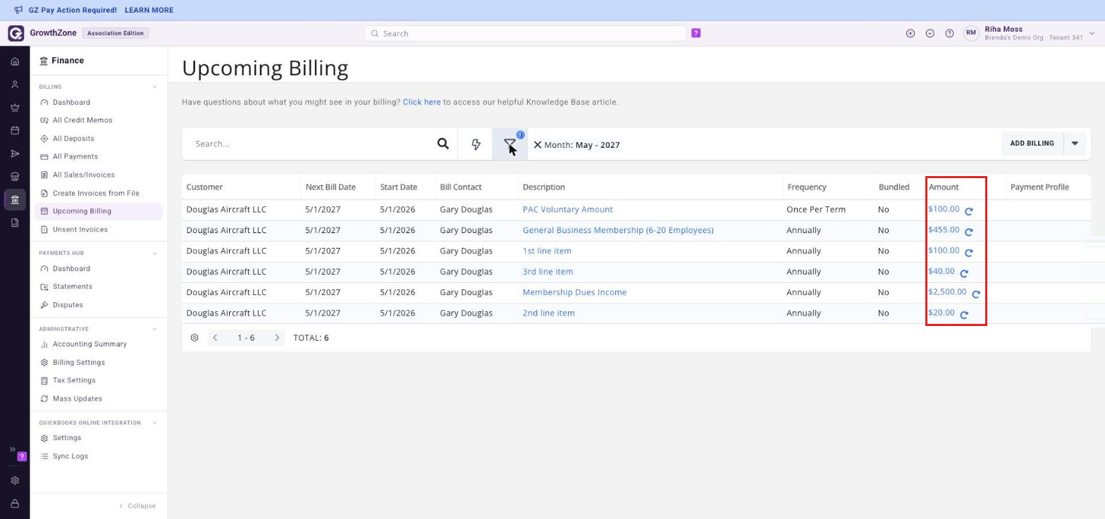 Upcoming Billing page with the recalculation icons in the Amount column boxed