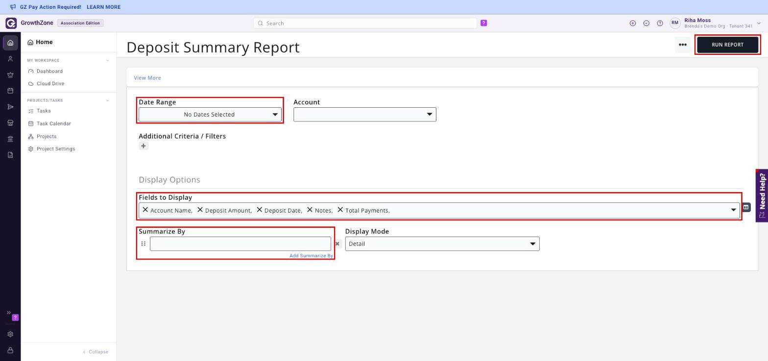 Deposit Summary Report with Date Range, Fields to Display, Summarize By and RUN REPORT boxed