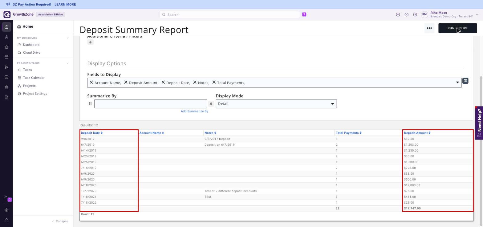 Deposit Summary Report results with the Deposit Date and Deposit Amount columns boxed