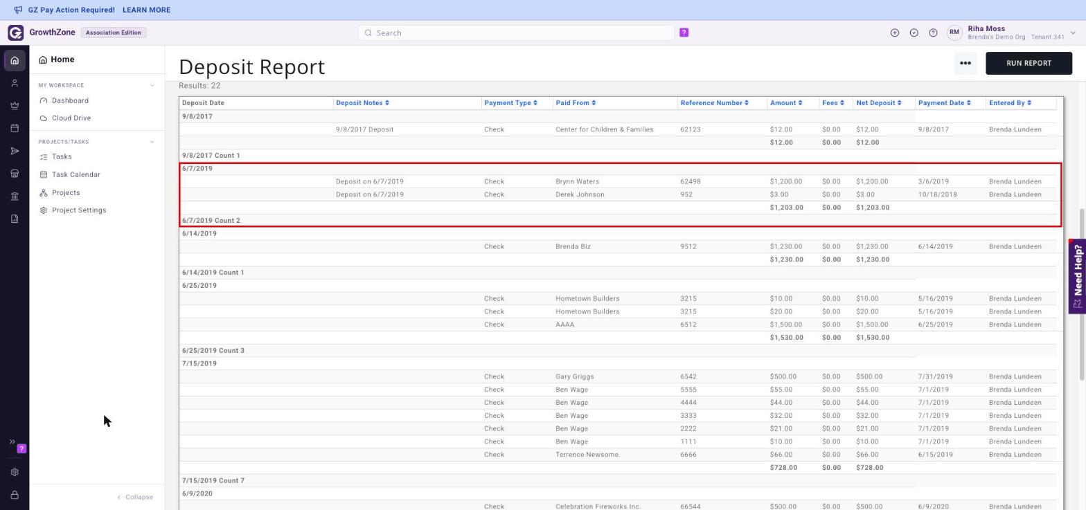 Deposit Report summarized by Deposit Date, with one deposit and the payments, fees and net deposit in it boxed