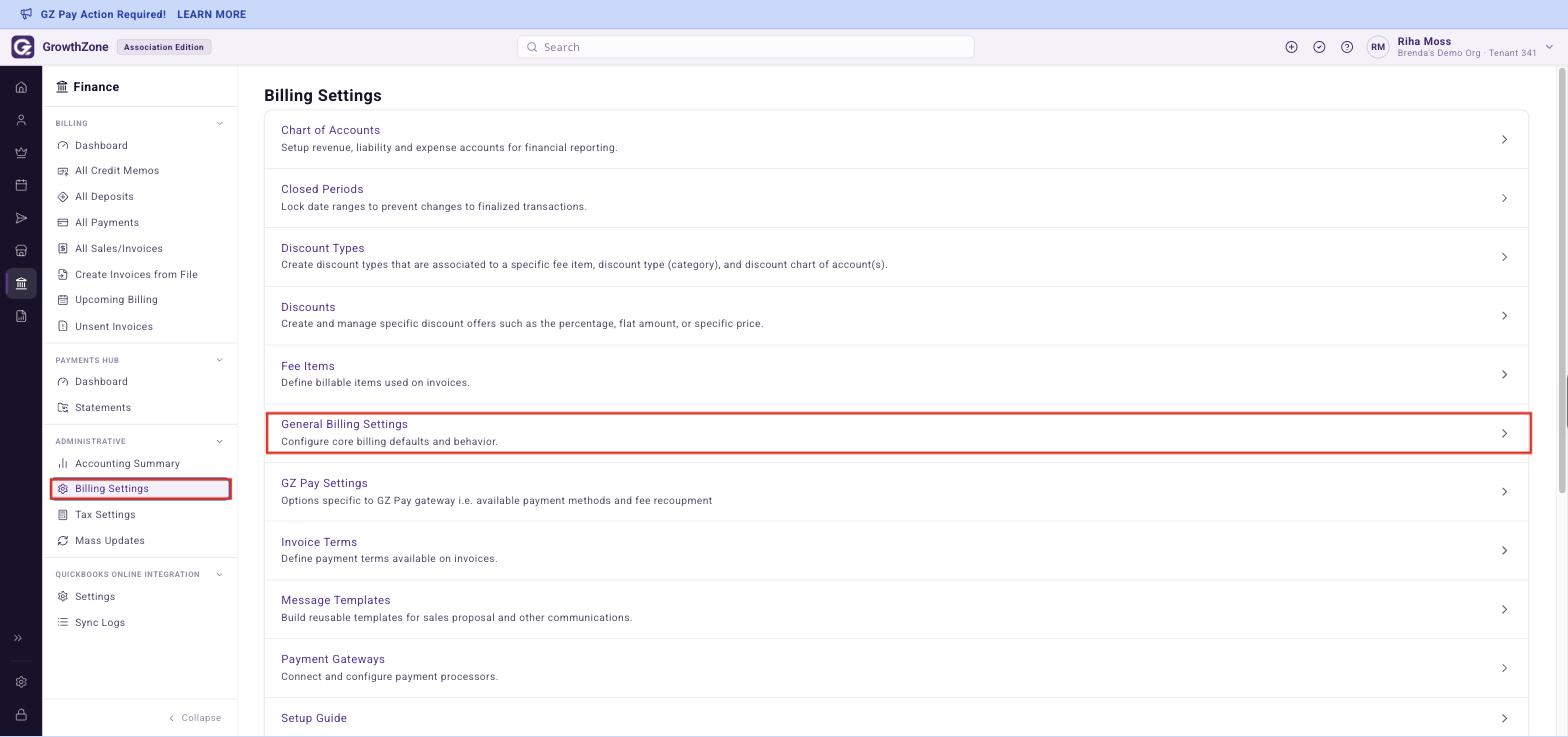 Finance rail with Billing Settings boxed and the General Billing Settings entry boxed on the Billing Settings page