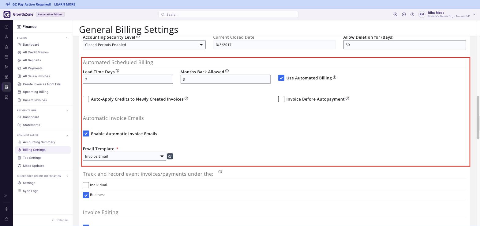 General Billing Settings, Automated Scheduled Billing and Automatic Invoice Emails sections boxed