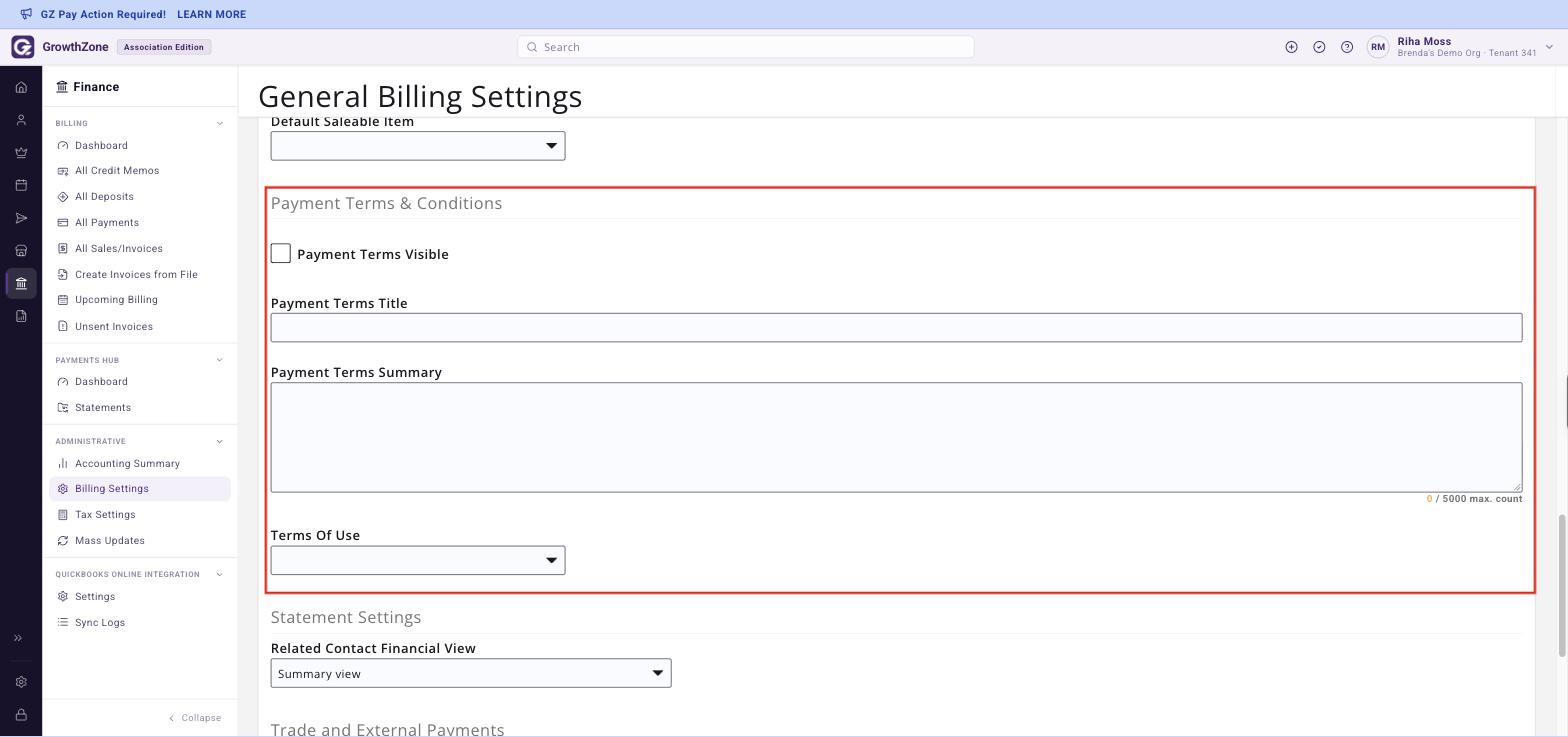 General Billing Settings, Payment Terms and Conditions section boxed